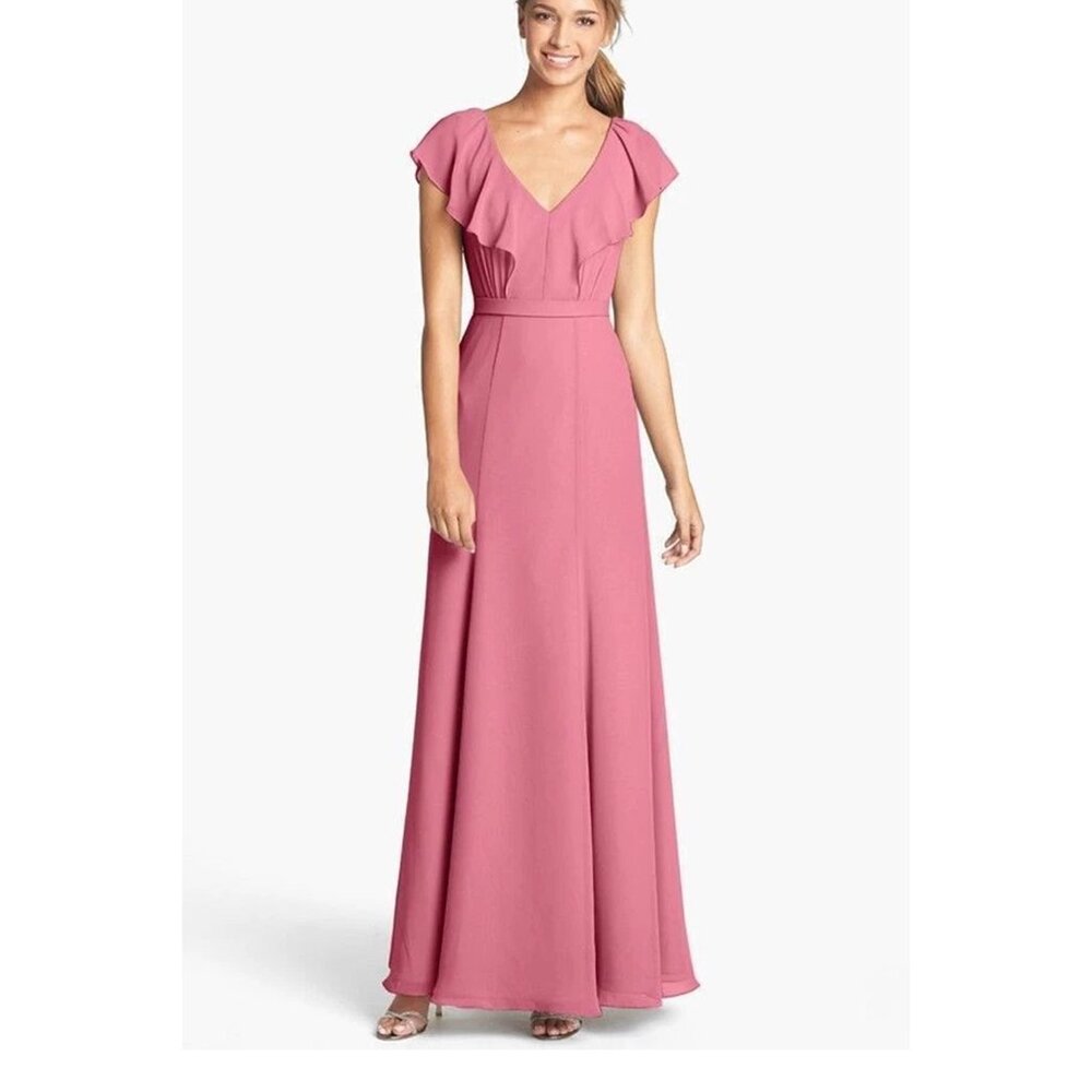 $300 Jenny Yoo Cecilia Ruffled Chiffon Long Dress Gown wedding PRIMROSE PINK 6